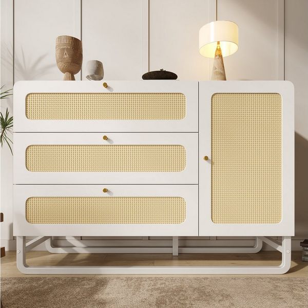 Flieks Kommode Rattanschrank mit 3 Schubladen und 1 Türen (1 St, 120x85x40 cm), Sideboard Mehrzweckschrank mit höhenverstellbare Regale Weiß