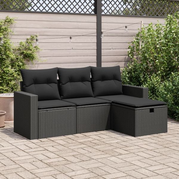 vidaXL 4-tlg. Garten-Sofagarnitur mit Kissen Schwarz Poly Rattan 3325351
