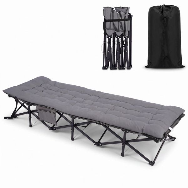 Sekey Campingbett bis 250kg, Feldbett mit abnehmbare Perlschaum-Matratze, Klappbett mit Seitentasche & 14 Stützpunkten 190cm