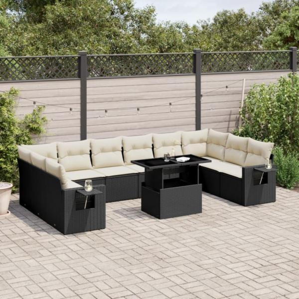 vidaXL 11-tlg. Garten-Sofagarnitur mit Kissen Schwarz Poly Rattan 3268146