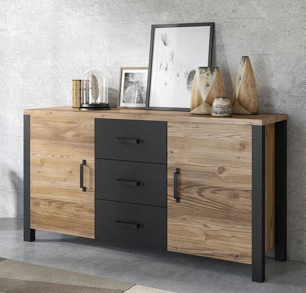Sideboard ""Olin"" Kommode 147cm appenzeller fichte schwarz Industrial-Design