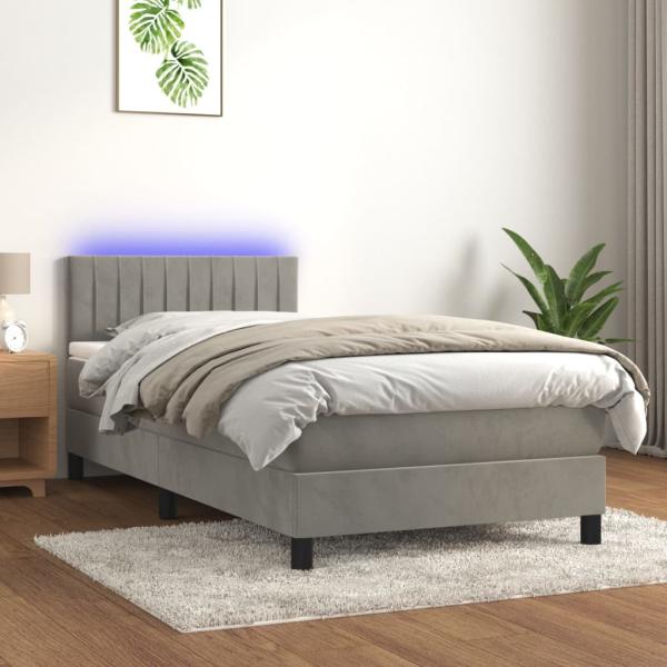 vidaXL Boxspringbett mit Matratze & LED Hellgrau 100x200 cm Samt 3134507