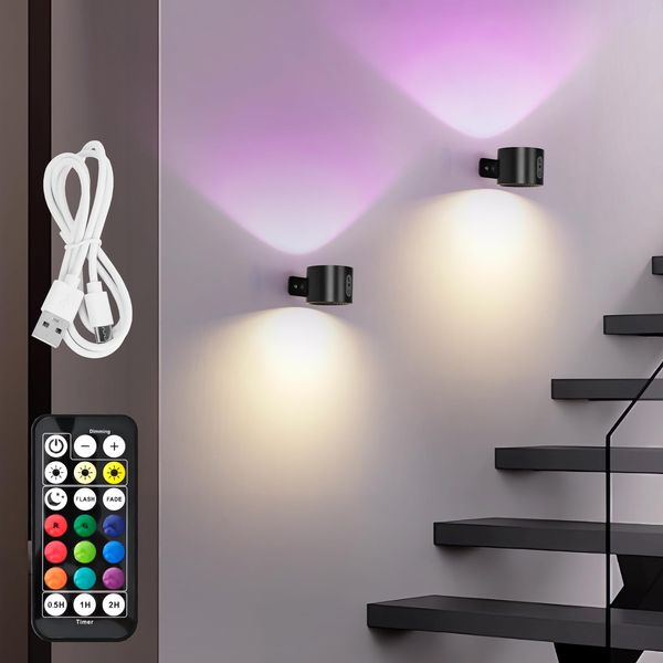 LuminexDesigns 2er LED Wandleuchte Innen Akku – Kabellose Magnetische Wandlampe RGB Schwarz – Touch Dimmbar mit Fernbedienung – USB-C aufladbar Wandspot, Zum Kleben, Ohne Bohren, Ohne Stromanschluss