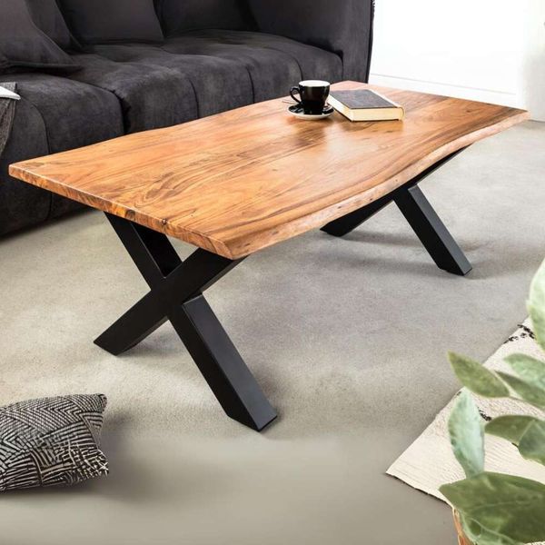 Massiver Couchtisch ARBOL 120cm Akazie natural Baumkante X-Metallgestell