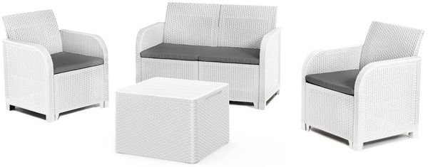 Dmora Loungeset für draußen Barrhead, Outdoor-Lounge mit Couchtisch, Terrassenset mit Kissen, Gartenkomposition mit Sofa und Sesseln, 113x65 h74 cm, Weiß