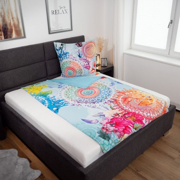 hip Bettwäsche Baumwolle, Renforcé, 2 teilig, farbenfrohe Mandalas, blauer Hintergrund