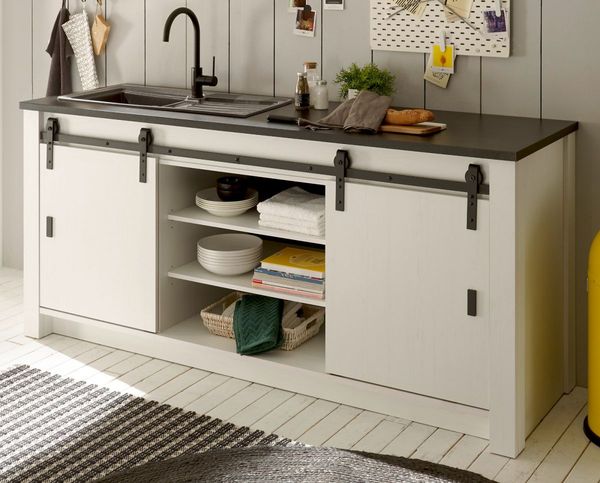 Küche Unterschrank Stove in weiß Pinie und anthrazit Landhaus 200 cm