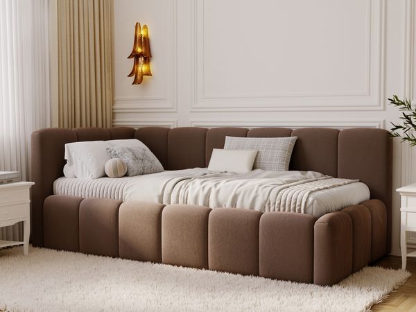 GRAINGOLD Cloud One Jugendbett 90x200, Einzelbett mit Bettkasten, mit Lattenrost, Velour-Stoff, Links, Braun