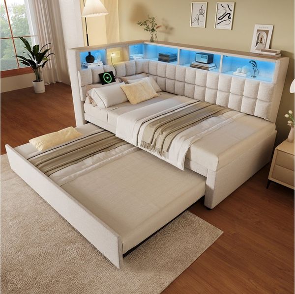 MODFU Polsterbett Inkl. LED, Bluetooth & USB-C, Maße 90x200 cm (Funktionsbett, 1-tlg, Mit L-Kopfteil als komfortable Schlaf- und Ruhelösung), Platzsparendes Ausziehbett mit Stauraum(ohne Matratze)