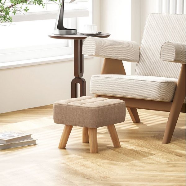 HOMCOM Fußhocker mit Leinenoptik, Holzbeine (Moderner Sitzhocker, 1 St, Polsterhocker), für Schlafzimmer, Wohnzimmer, Braun