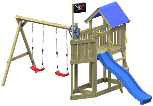 Spielturm OCEANOO PLAY inkl. Doppelschaukel - Material: Kiefernholz - Rutschenfarbe: Rot - Maße: 483 x 251 x 302 cm