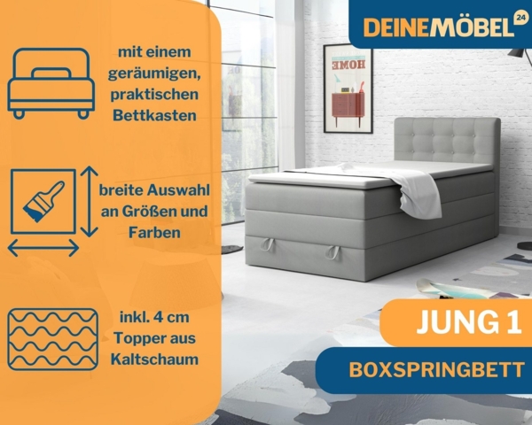 Deine Möbel 24 Boxspringbett JUNG 1 Polsterbett Komplettbett Hotelbett inkl. Topper (für Jugendliche Jugendbett Hellgrau Grau Anthrazit Schwarz Beige, 3-St, Bonellfederkernmatratze H3 Taschenfederkernmatratze H4), 90x200 100x200 120 cm Einzelbett Boxsp... Bild 2