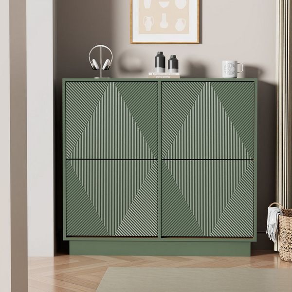 UEV Schuhschrank mit 4 Klappen schmal Schuhkommode mit Kippschutz Drucktüröffner (Packung, 99x24x91cm Moka/Grün) Drucktüröffner Verstellbare Trennwände für Verschiedene Schuhtypen