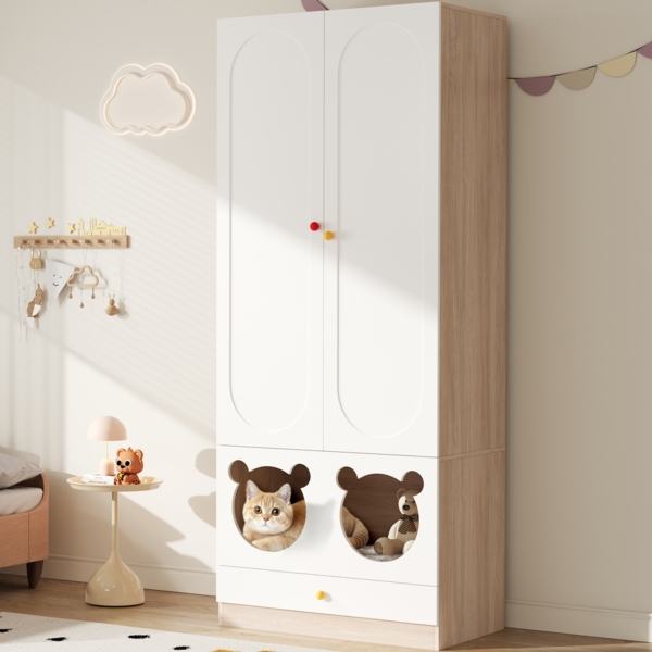 Kinderkleiderschrank mit Haustierbereich, Bärchen-Aussparung & Ablagen, vertikale Aufbewahrung, Kindermöbel, platzsparend Bild 3