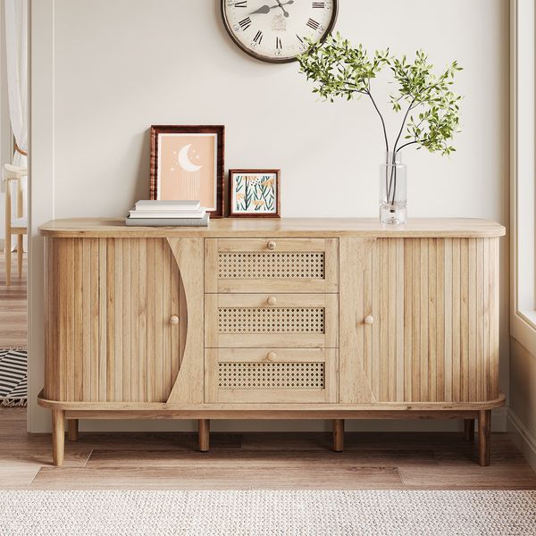 Sideboard mit Rattan-Schubladen & Schiebetüren, 140,5x40x76 cm, Natur