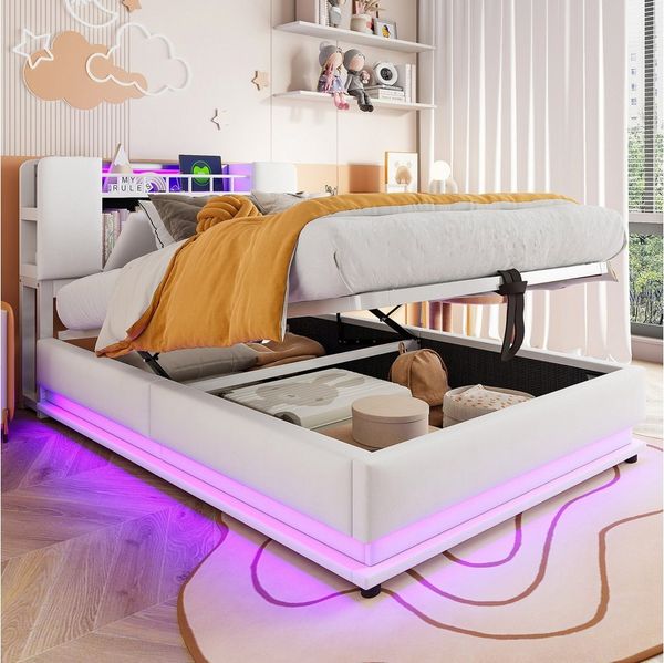 Flieks Polsterbett, Hydraulisches Stauraumbett Kinderbett 90x200cm mit LED und Aufladen