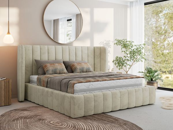 Polsterbett GOLETTA CLASSIC 200 x 200 cm mit gepolstertem Kopfteil, stabilem Bettrahmen, Lattenrost und Bettkasten mit Gasdruckfedern, Doppelbett, zeitloses Design Pocket Matratze - Beige Velvet - VIRE LUX