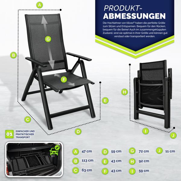 tillvex Gartenstuhl Premium 1 Stück Schwarz klappbar aus Aluminium | Hochlehner mit Armlehnen | Klappstuhl verstellbar | Klappsessel Balkon Garten Terrasse Bild 5