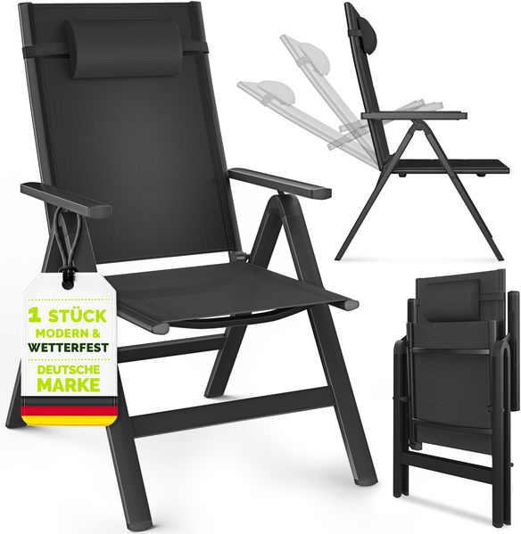 tillvex Gartenstuhl Premium 1 Stück Schwarz klappbar aus Aluminium | Hochlehner mit Armlehnen | Klappstuhl verstellbar | Klappsessel Balkon Garten Terrasse