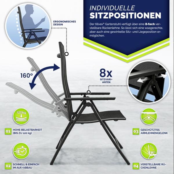 tillvex Gartenstuhl Premium 1 Stück Schwarz klappbar aus Aluminium | Hochlehner mit Armlehnen | Klappstuhl verstellbar | Klappsessel Balkon Garten Terrasse Bild 3