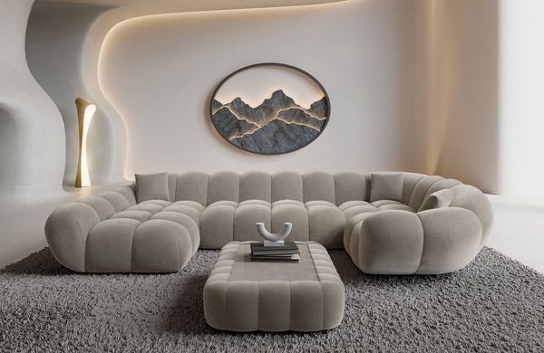 Sofa Dreams Wohnlandschaft Maleron U Form Design Stoffsofa, Stoff Polsterecke, 6-Sitzer, Ottomane links, Samtstoff Sand
