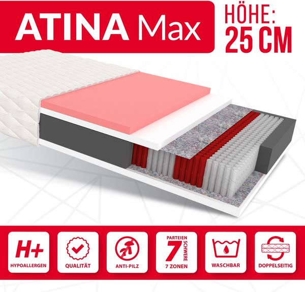 Matratze 80x200 Multipocket Taschenfederkern ATINA MAX 7 Zonen H3 H4 25 cm Visco Polyurethanschaum Jersey Bild 5