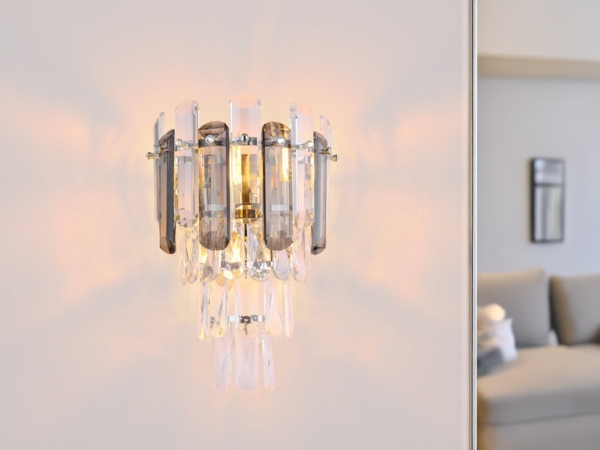 LED Wandleuchte mit Acryl Kristallen und Rauchglas Stäben, Höhe 34cm