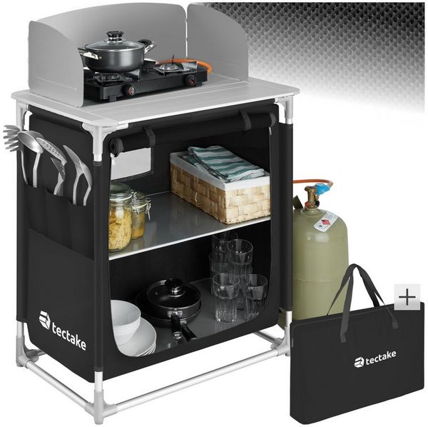 tectake Campingtisch Campingküche Premium mit Aluminiumgestell und 2 Fächern (1-St, 1 tlg), Sehr kompakt zerlegbare Aufbauküche mit Aluminiumgestell