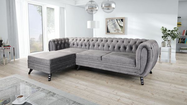 Edles Chesterfield Ecksofa Velours grau Couch Polstersofa Wohnlandschaft Sofa