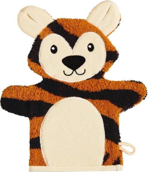 Erwin Müller Waschhandschuh Kinder-Waschhandschuh 2-in-1 "Tiger", (1-St), Walk-Frottier Tiermotiv