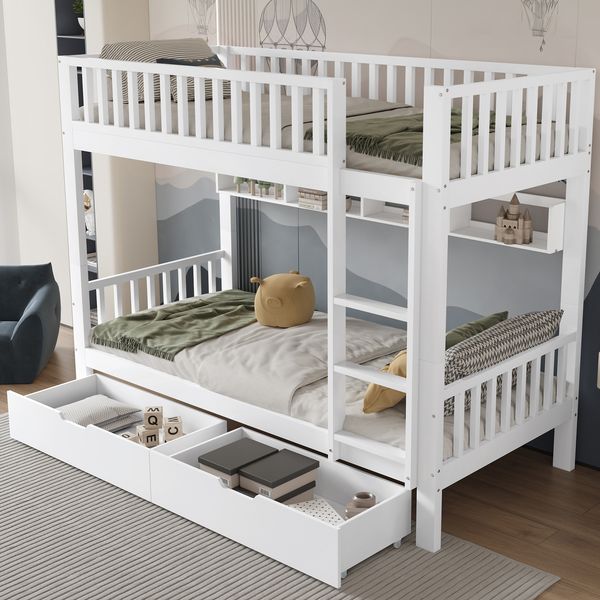 Etagenbett 90x200 cm für Kinder, teilbar in 2 Einzelbetten, mit Leiter, Regalfächern und Schubladen, Kiefernholz, Weiß