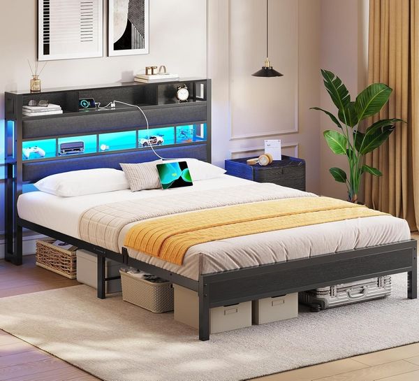 MSMASK Metallbett mit LED Beleuchtung & Ladestation, Kinderbett Jugendbett (1-tlg, Ohne Matratze), Bettgestell 140x200 cm