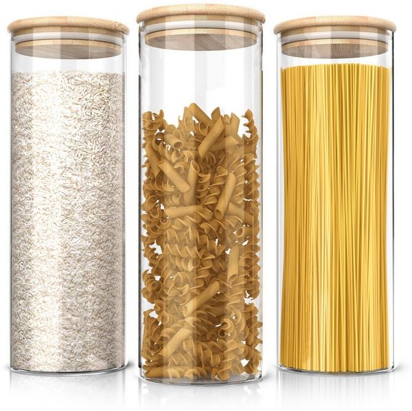 Arendo Aufbewahrungsbecher Glasbehälter-Set 2,1L aus Borosilikatglas mit Bambusdeckel & luftdicht, Borosilikatglas, Bambus, Silikon, (Vorratsbehälter-Set, 3-tlg, 3er Set), Hitzebeständig, umweltfreundlich, langlebig, mikrowellengeeignet