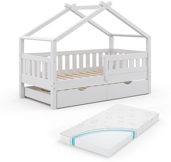 Hausbett Design Weiß 80x160 cm mit Gästebett und Matratze Vitalispa