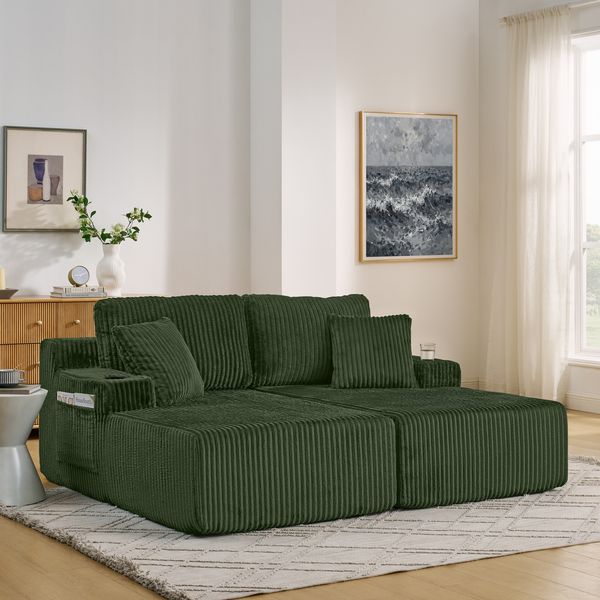 Schlafsofa 2-Sitzer in Grün, weicher Kordstoff, rahmenloses Multifunktionssofa mit Getränkehalter und Seitentasche,78x186x154 cm