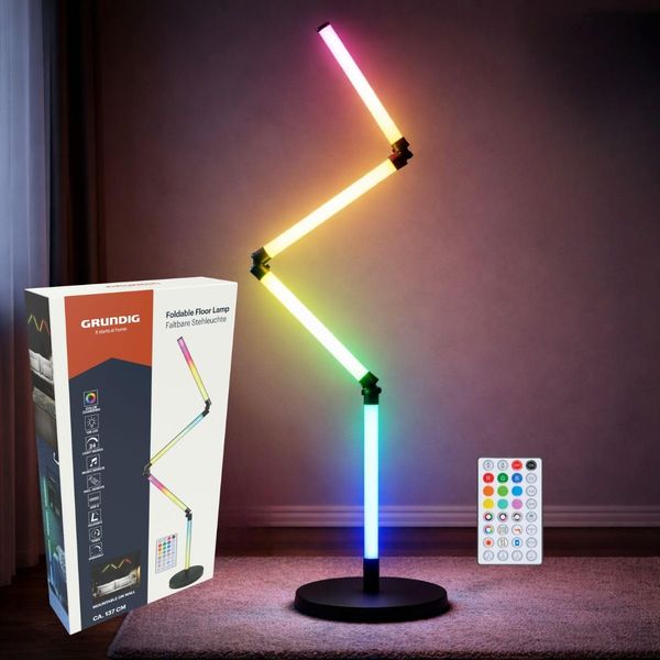 Grundig LED Stehlampe - Stehlampe Wohnzimmer LED mit 24 Lichtmodi und Musiksensor - RGB Stehlampe Dimmbar mit Fernbedienung - Ecklampe Wohnzimmer Faltbar - 137 cm - Schwarz
