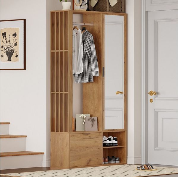 Merax Garderoben-Set 6-in-1 Garderobenschrank in Holzoptik Eingangsbereich-Schrank, (platzsparender Eingangsbereich-Schrank aus Spanplatte, 1-St, 100x33x190 cm), Flurschrank mit Spiegel, Kleiderstange, 9 Stauraumfächern & Klapptür
