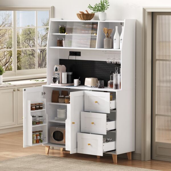 Merax 184cm Hochschrank mit Steckdosen und Lochbrett , Barschrank mit Weinglashaltern und Stauraum, Küchen-Buffetschrank mit Schubladen (Weiß)