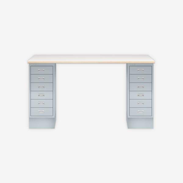 MultiDesk, 2 MultiDrawer mit 6 Schüben, Dekor Plywood, Farbe Lichtgrau, Maße: H 740 x B 1400 x T 600 mm