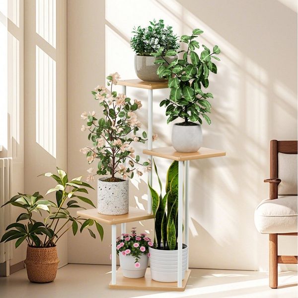 Simloveve Blumenständer Pflanzenständer Pflanzentreppe 4 Etagen Pflanzenregal Blumenregal (Blumentreppe 4 Etagen, Pflanzenständer Metall Holz), Blumenständer für Balkon Deko Garten Wohnzimmer Weiß