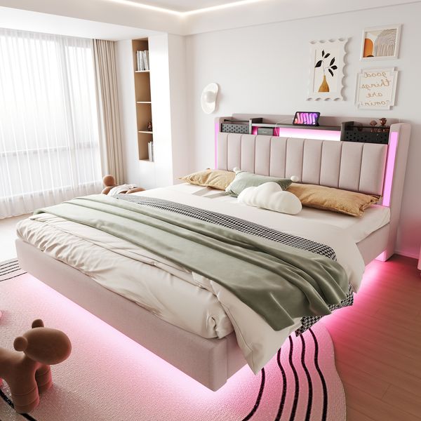 Polsterbett, Leinenstoff mit LED & USB-Anschluss, 160x200 cm, Beige, ohne Matratze