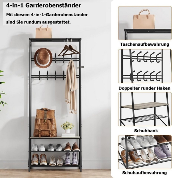 GarveeMore Garderobenständer Garderobenständer Kleiderständer mit Schuhbank,4-in-1 Design Garderobe Bild 3