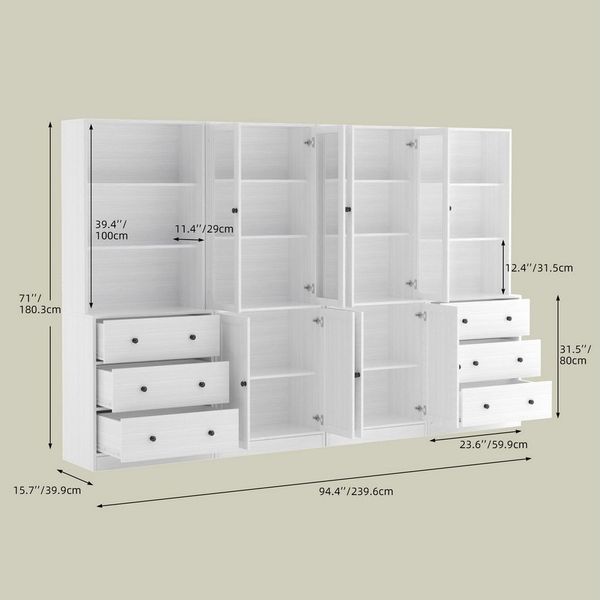 VOWNER Bücherregal 5-stöckiges Bücherregal mit Glastüren, 180 cm Vitrinenschrank, 4-tlg, multifunktionaler Küchenschrank Hochschrank & Buffetschrank