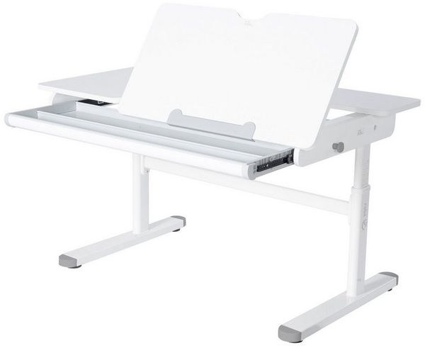 roba® Kinderschreibtisch Smart Grow - Schreibtisch für Kinder & Jugendliche - höhenverstellbar (Arbeitsplatte teilweise neigbar), mit Schublade - ab 6 Jahren - abgerundete Ecken - Metall & Holz - Weiß