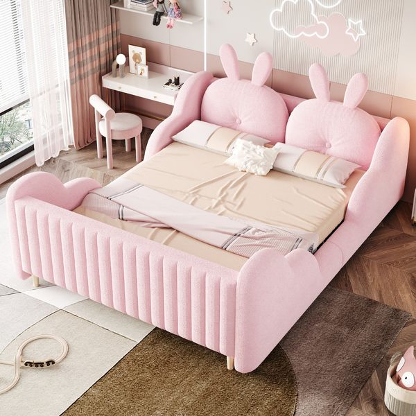 Merax Polsterbett, Doppelbett 140 x 200 cm, mit Kissen in Hasenform, seitliche Leisten in Wolkenform, niedliches Plattformbett, Teddy Samt Stoff , Rosa (Ohne Matratze)