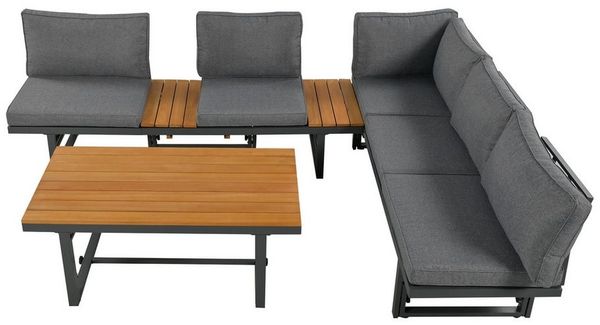 Tongtong Gartenlounge-Set 3-teiliges Gartenmöbel-Set, Akazienholz, verstellbarem Tisch, grau, (inklusive 6 Sitzkissen und Kissen,2 Akazienholzbretter), verstellbarer Rückenlehne