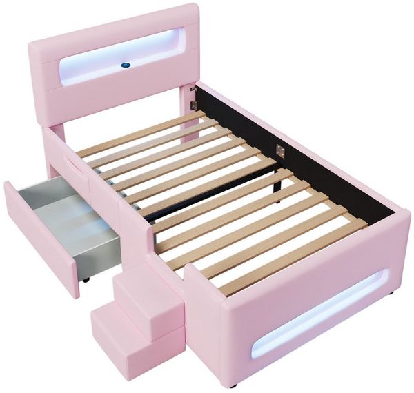 MODFU Kinderbett Modernes Komfortbett (mit LED-Leisten & Schublade,Kunstleder, 1-tlg, 218 x 97 x 95), mit Treppe