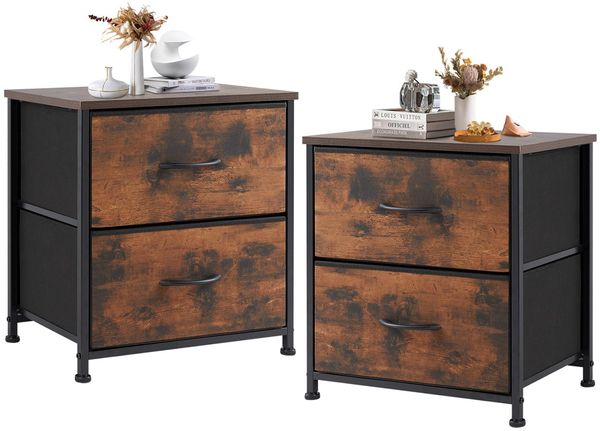 DUMOS Nachttisch 2er Set Beistelltisch Stoff Schubladenschrank Schmal Schrank Kommode Schlafzimmer Industrial Stil für Wohnzimme Kinderzimmer Flur Aufbewahrungsschrank