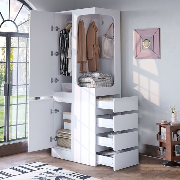 Merax Kleiderschrank 70 x 40 x 170 cm, mit Schubladen und Staufächern, offenem Kleiderbereich, Weiß