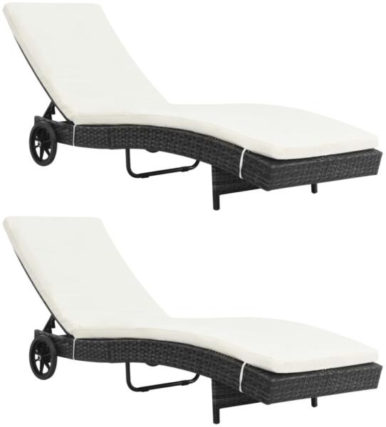 vidaXL Sonnenliegen 2 Stk. mit Rollen und Auflagen Poly Rattan Schwarz 3078465